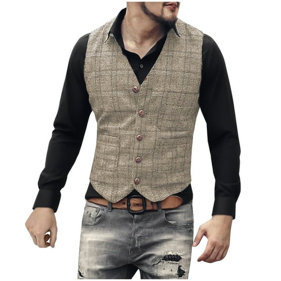 BinBiL Mens Vintage Tweed Suit Vest Plaid Slim Fit Waistcoat for Wedding Groomsmen Khaki XXXL(XXXL)