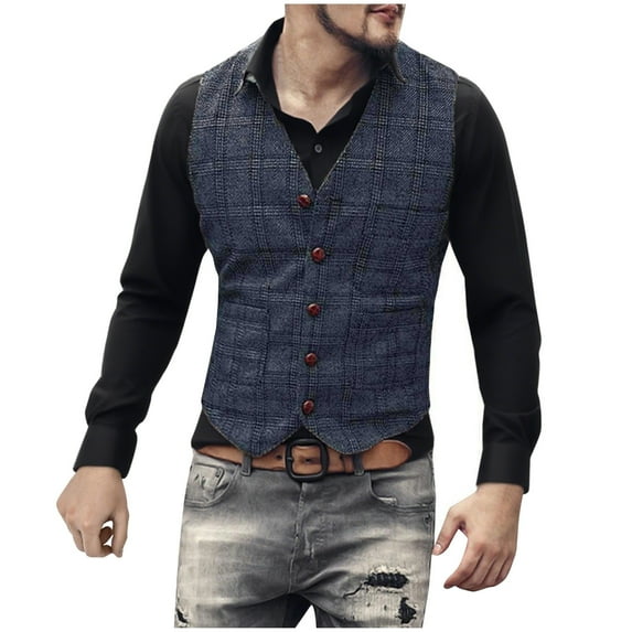 BinBiL Mens Vintage Tweed Suit Vest Plaid Slim Fit Waistcoat for Wedding Groomsmen Navy L(L)
