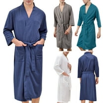 BinBiL Mens Waffle Robe Lightweight Spa Bathrobe Knit Kimono Shower Robes V Neck Long Sleeve Sleepwear with Pockets White 6(XL)