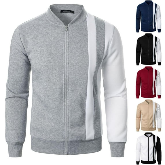 BinBiL Mens Zip up Jackets Casual Long Sleeve Color Block Cardigan Stand Collar Coats Fashion Sweatshirts Fall Tops White 10(XL)