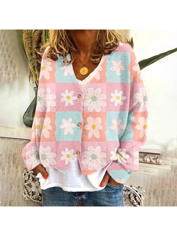 Plus size clearance Women Y2K Floral Print Knit Cardigan Sweater Long Sleeve V Neck Button Down Sweater Vintage Aesthetic 90s Outerwear Tops