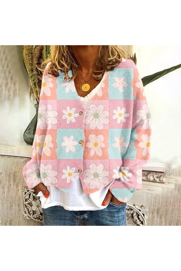 Plus size clearance Women Y2K Floral Print Knit Cardigan Sweater Long Sleeve V Neck Button Down Sweater Vintage Aesthetic 90s Outerwear Tops