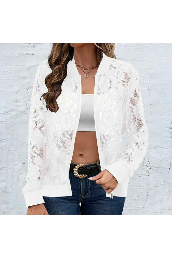 Plus size clearance Women's Sheer Floral Lace Long Sleeve Zip Up Bomber Baseball Jacket Fashion Mesh Hollow Out See Through Lightweight Coat