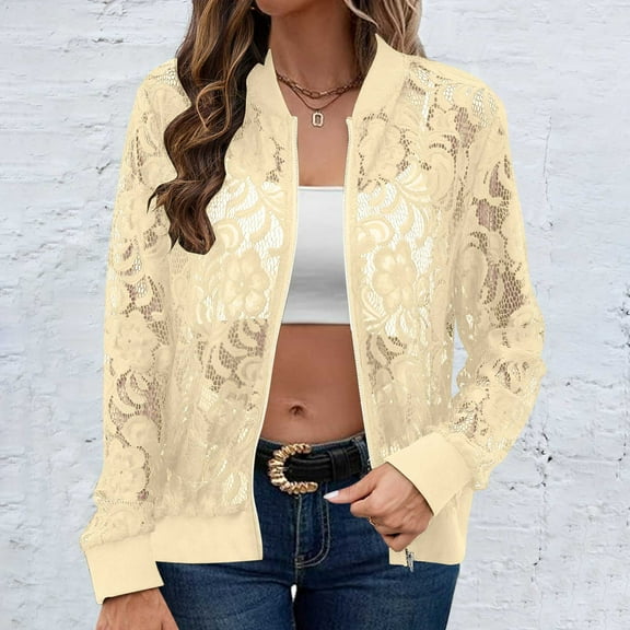 BinBiL Plus size clearance Women's Sheer Floral Lace Long Sleeve Zip Up Bomber Baseball Jacket Fashion Mesh Hollow Out See Through Lightweight Coat
