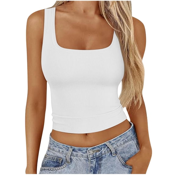 BinBiL Summer tops for women Women's Ribbed Crop Tank Tops Scoop Neck High Back Basic Sleeveless Rib Shirt Summer Athletic Top White 4(S)