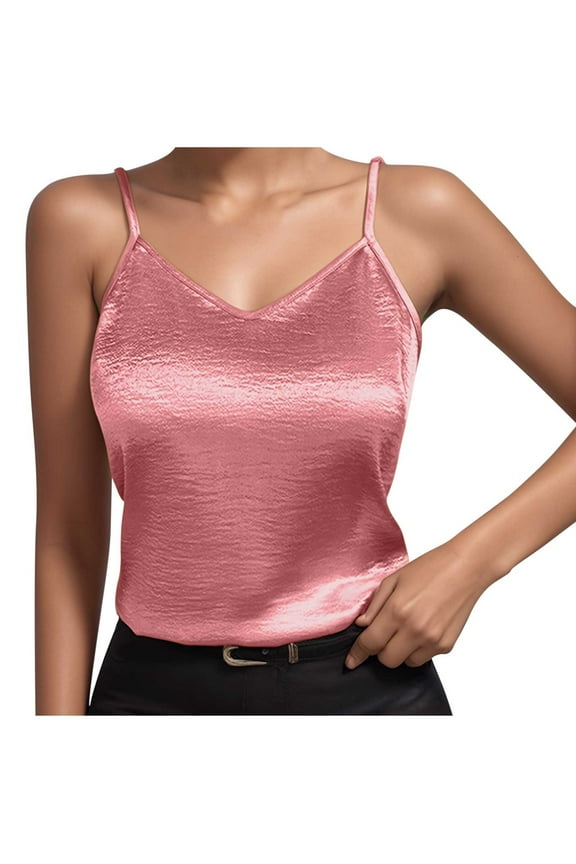 Summer tops for women Women's Silk Satin Tank Tops 2025 V Neck Adjustable Spaghetti Strap Sleeveless Camisole Summer Basic Blouse Pink M(M)