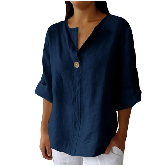 BinBiL Summer tops for women Women's V-Neck Cotton Linen Shirt Top 3/4 Roll-Up Sleeve Summer Casual Loose Solid Blouses Tunic Tops with Button Navy L(L)