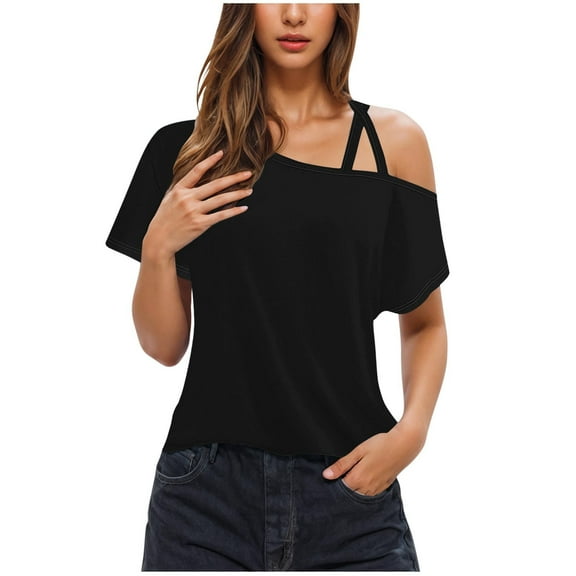 BinBiL Tank top for women Women's solid color double suspender short sleeved T-shirt loose vest top Black 4(S)