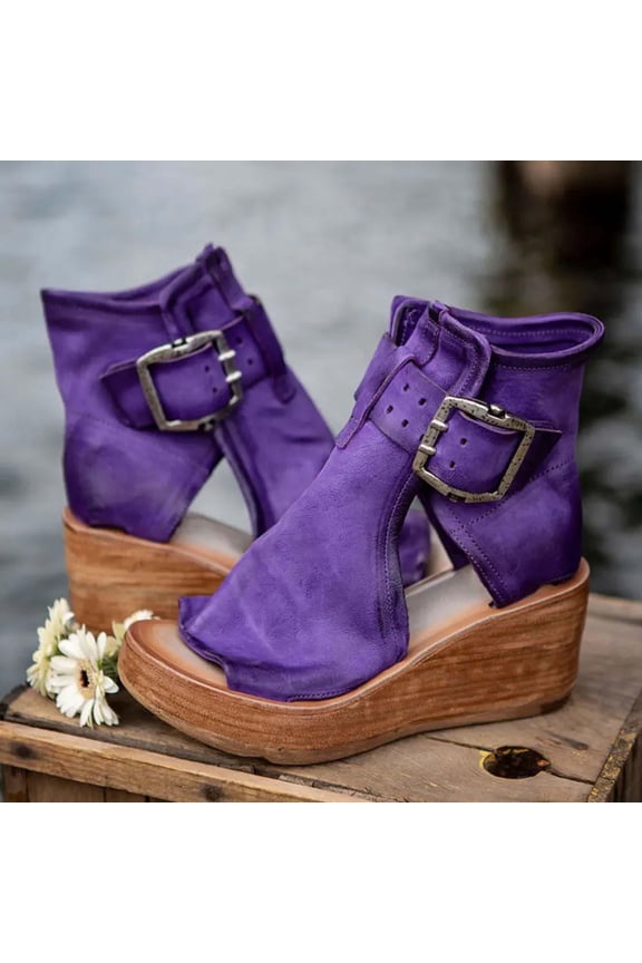 Women's Open Toe Wedge Gladiator Sandals,Strappy Zipper Orthopedic Roman Sandals,Fish Mouth Round Toe Cage Beach Sandals Purple 7.5(40)