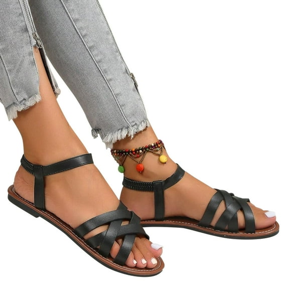 BinBiL Women's Slide Flat Sandals - Comfortable Slip On Plait Toe Thong Strappy Spring Summer Shoes. Black 6(37)