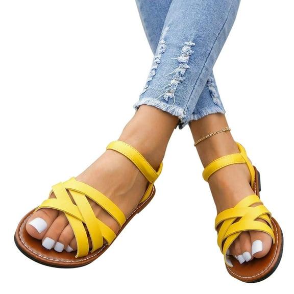 BinBiL Women's Slide Flat Sandals - Comfortable Slip On Plait Toe Thong Strappy Spring Summer Shoes. Yellow 9.5(43)