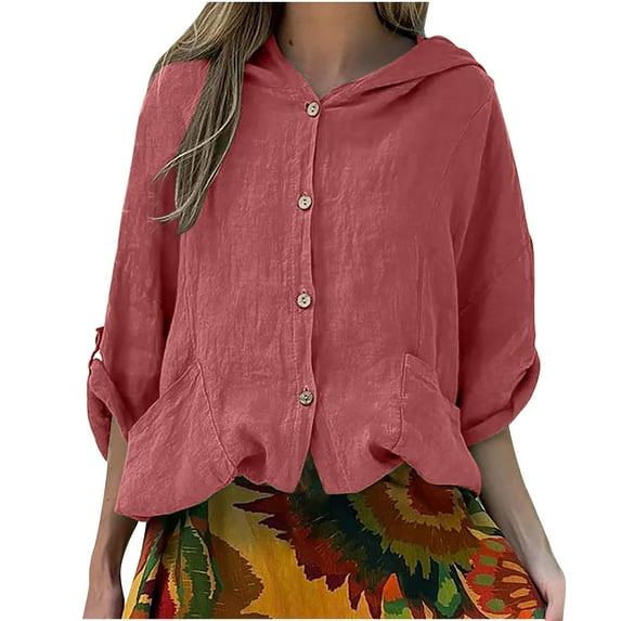 BinBiL Women's Spring Summer Oversized Button Down Hooded Linen Shirt Jacket Top