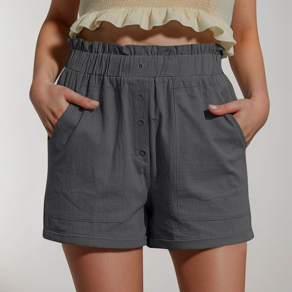 BinBiL Women's Summer and Linen Solid Color Ruffled Loose Button Shorts with Pockets Gray XXL(XXL)