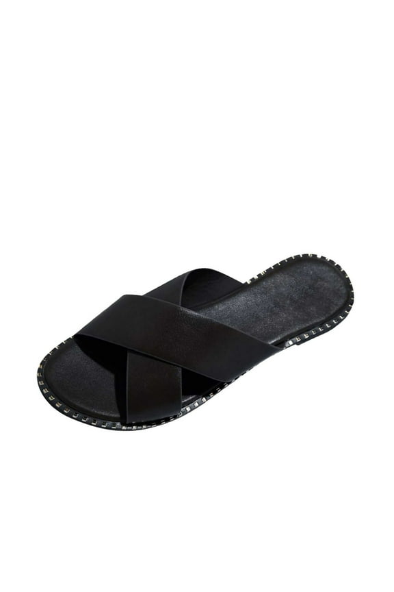 Womens Studded Flat Sandals Open Toe Slip on Mule Slides Crossed Strap Slipper