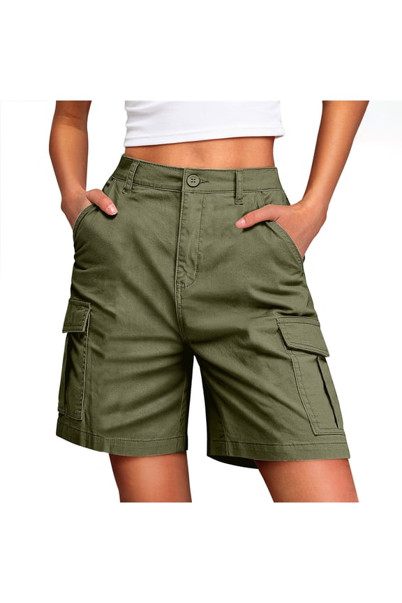Womens Summer Fashion Solid Casual Button Zipper Pocket Cargo Shorts Pants Army Green L(L)