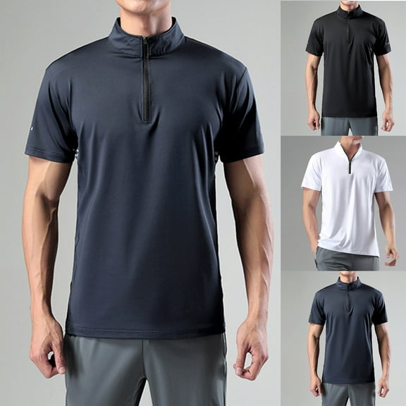 BinBiL Workout Tops for Men Summer Solid Color Fitting Sport Tee Shirts Zipper Short Sleeved Stand Up Collar Tees Short top for Men White 10(XL)
