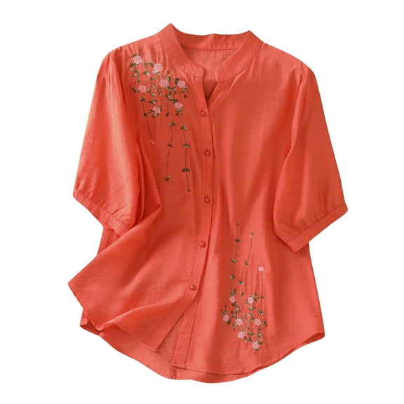 BinBiL womens summer tops Women's Cotton Linen Shirt Collar Button Down Half Sleeve Embroidered Tunic Tops Blouse Orange 8(L)