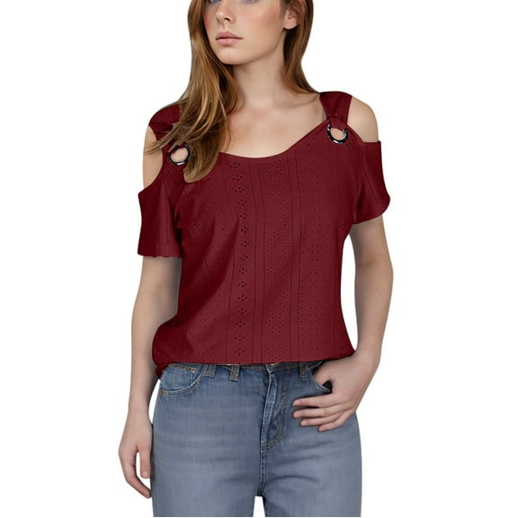 BinBiL womens summer tops Women's Short Sleeve Shirts Cold Shoulder Tops V Neck Blouse Tunic Shirts Red 18(XXXXXL)