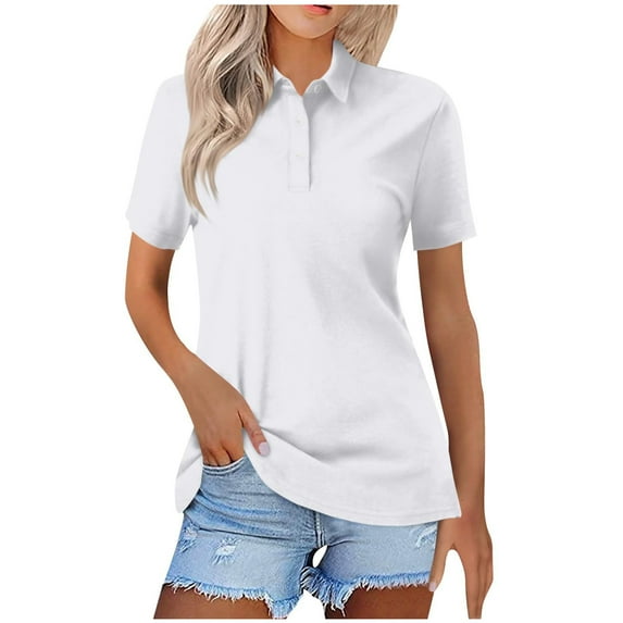 BinBiL womens summer tops Womens Polo Shirts Short Sleeve Button Lapel Collared Summer Tops Business Casual Basic Tees White 4(S)