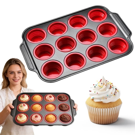 BinKFF 1 Pcs Silicone Muffin Pans for Baking with Metal Reinforced Frame, Nonstick Cupcake Tray for Oven, 12 Cups Regular Size Silicone Molds for Egg Bites, Dishwasher Safe