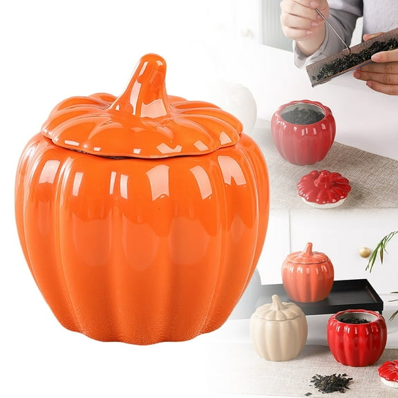 BinKFF 10oz Ceramic Pumpkin Jar, Pumpkin Shape Seasoning Jar, Fall Thanksgiving Candy Jars, Halloween Decorative Bowl, Cute Food Container for Kitchen Coffee Tea Sugar Snacks Soup