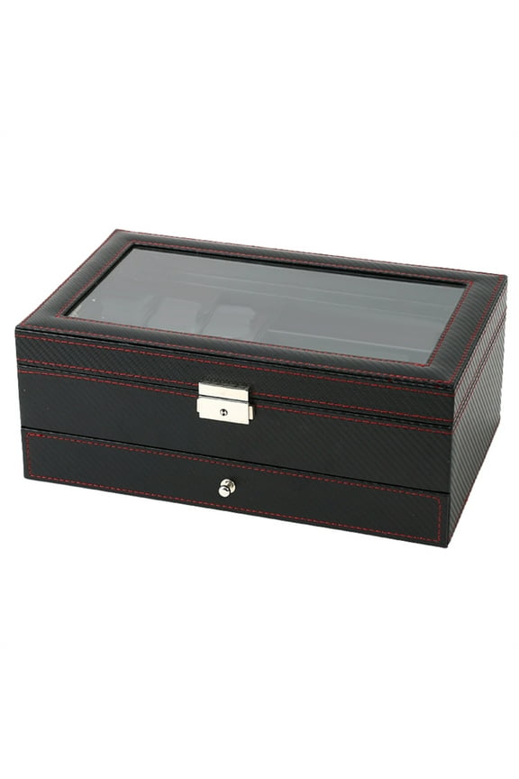 12-Slot Watch Box, 2-Layers PU Leather Watch Case with Glass Lid, Watch Holder Organizer with Soft Pillow and Velvet Lining, Watch and Jewelry Storage Box, Black