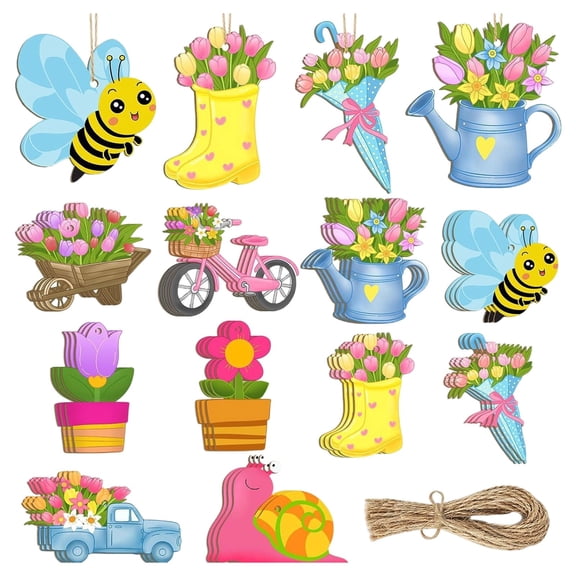 BinKFF 36 Pcs Spring Flower Wooden Ornaments Sunflower Tulip Easter Tree Decoration Floral Gnome Hanging Wood Cutout Pastel Spring Decor for Home Small Tree Party