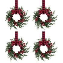 BinKFF 4 Pcs 4" Mini Christmas Wreath Mini Cabinet Wreaths for Kitchen Christmas Red Berry with Red and Black Plaid Bow Farmhouse Wreath for Holiday Xmas Party Decorations