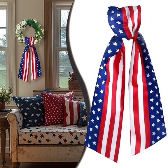 BinKFF 4th of July Decorations - Patriotic Wreath Sash Bow 4x55 Inch - American Flag Ribbon Bow for Front Door - Fourth of July 250th Anniversary Patriotic Decoration for Indoor Outdoor