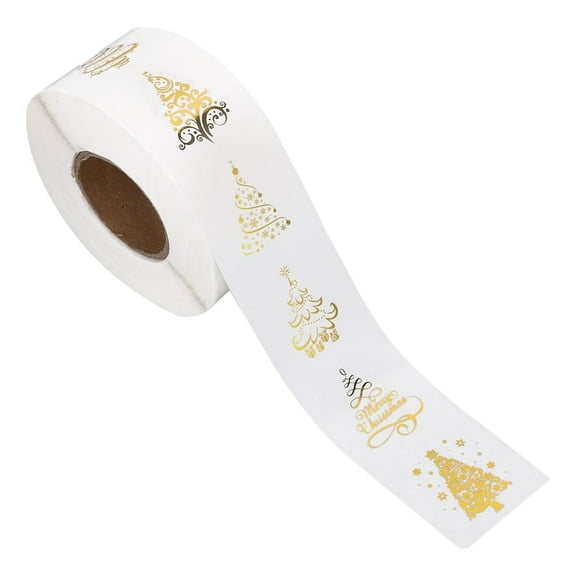BinKFF 500Pcs Christmas Stickers Roll - Gold Foil Designs Self Adhesive Decoration Round Labels for Tree, Snowflake, Presents, Cards, Envelopes - 1 Inch Holiday Seal Tags