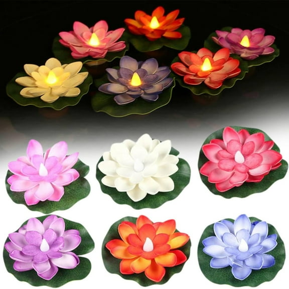 BinKFF 6PCS Floating Pool Lights Bulk Artificial Lotus Flower Decor Lily Pads for Ponds Floating Candles Lifelike Flower Lanterns Swimming Pool Decorations Include Batteries(1.57 Inch)