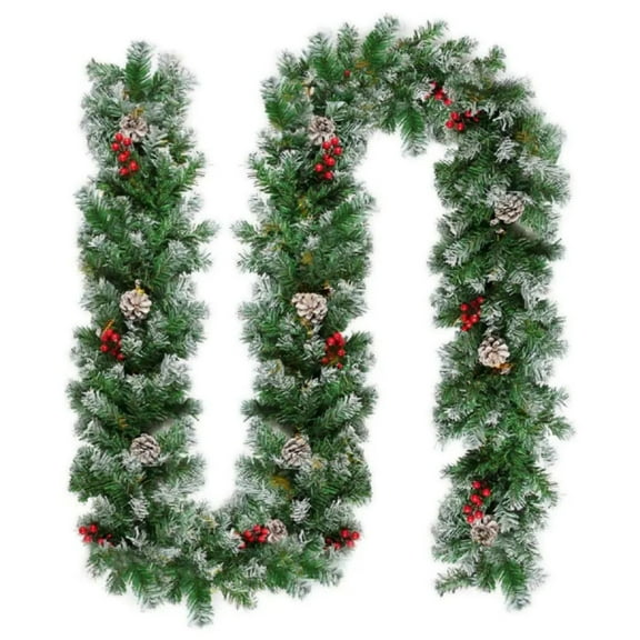 BinKFF 6ft Christmas Garland with Lights,Lighted Artificial Flowering Pine Garland for Mantle,Green Christmas Winter Garland with Pine Cones and Red Berry for Indoor Outdoor Decor