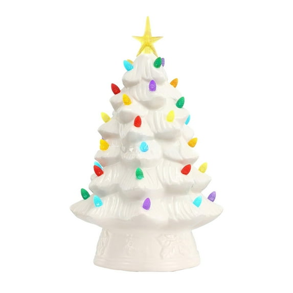 BinKFF 7.5" Small Ceramic Christmas Tree Tabletop Christmas Tree Lights with 28 Multicolored Lights and 1 Star Toppers for Table Top Desk Classic Series Christmas Decoration