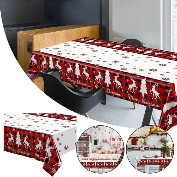 BinKFF Buffalo Plaid Merry Christmas Party Tablecloth Decorations,Plastic White Snowflake Buffalo Plaid Sign Table Cover for Winter Christmas Holiday Party Supplies,54x108 inch