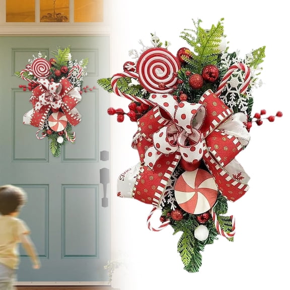 BinKFF Christmas Candy Cane Wreath for Front Door Red White Xmas Teardrop Swag Decorations Christmas Garland with Ball Bow Ornaments for Indoor Outdoor Home Window Wall Hanging Pendant