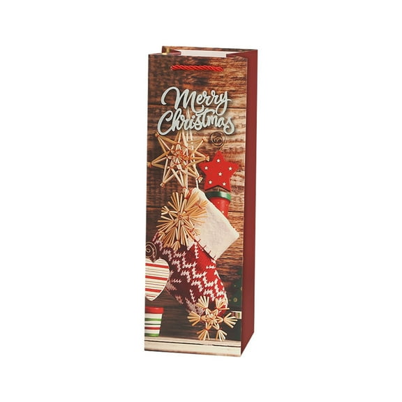 BinKFF Christmas Champagne Wine Gift Bags with Elegant Ribbon Handles, Xmas Tree Gloves Wreath Holiday Wrapping Wine Tote, New Year Birthday Party Favor Decor, 14.2 x 4.7 Inch