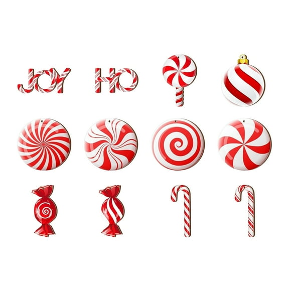 BinKFF Christmas Decoration - 12 Pieces Wooden Candy Cane Ornaments for Christmas Tree Decor - Red Peppermint Lollipop Hanging Decorations for Holiday Home Party