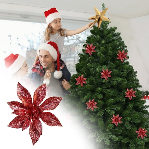BinKFF Christmas Decoration - Christmas Poinsettia Flowers Artificial Glitter Poinsettia Flowers with Clips Xmas Decoration Ornaments for Xmas Tree New Year Home Outdoor