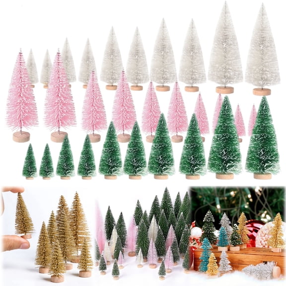 BinKFF Christmas Decorations - 33 Pcs Mini Christmas Trees Bottle Brush Trees with Wood Base, Christmas Village Trees for Tabletop Christmas Decor Holiday Winter Decorations