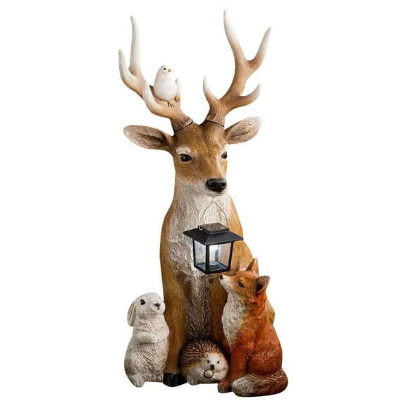 BinKFF Christmas Decorations Deer Figurine with Solar Lantern, Waterproof Resin Deer Rabbit Hedgehog Wolf Figures with Solar Lights for Outdoor Garden Yard Decor