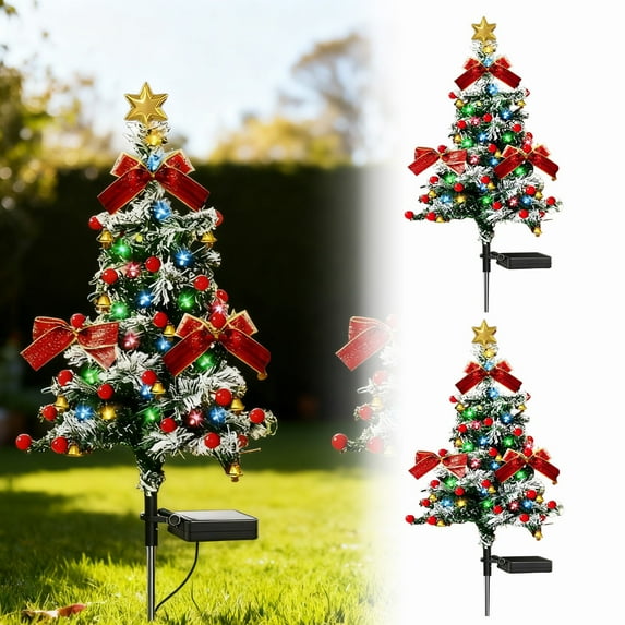 BinKFF Christmas Decorations - Set of 2 Pathway Christmas Tree Urn Filler, Lighted Artificial Mini Xmas Trees with Lights, Outdoor Christmas Decorations for Porch, Driveway, Yard