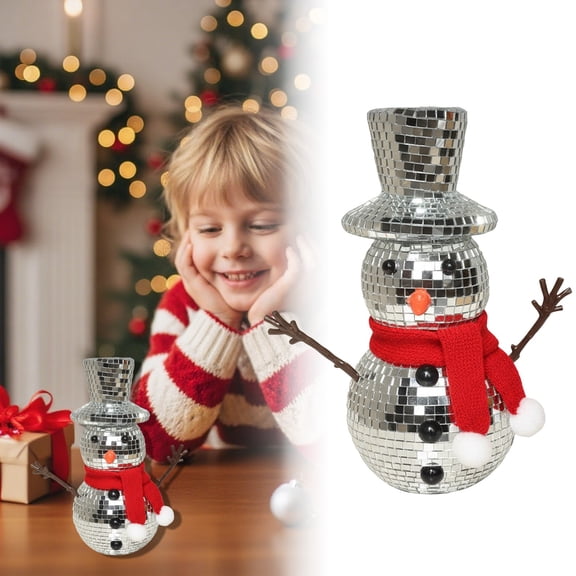 BinKFF Christmas Snowman Disco Ball Figurine Reflective Winter Decor with Knitted Scarf Hat for Holiday Fireplaces Festive Gatherings Enchanting Light Effects for Home Pub