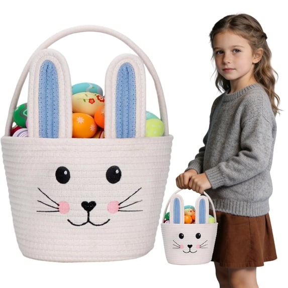 BinKFF Cute Easter Basket, Large Easter Bunny Basket, Woven Cotton Rope Baby Egg Easter Baskets for Girls, Boys, Toddler, Babies, Infant, with Gift Bags and Ribbons
