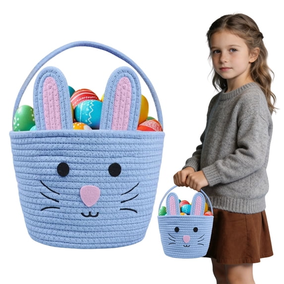 BinKFF Cute Easter Basket, Large Easter Bunny Basket, Woven Cotton Rope Baby Egg Easter Baskets for Girls, Boys, Toddler, Babies, Infant, with Gift Bags and Ribbons