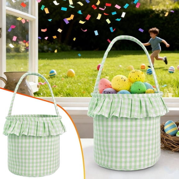 BinKFF Easter Bunny Basket Bags for Kids, Stripe Rabbit Pattern Egg Basket Hunt Bags Personalized Canvas Cotton Bucket with Fluffy Tail for Easter Eggs, Candy, Gift