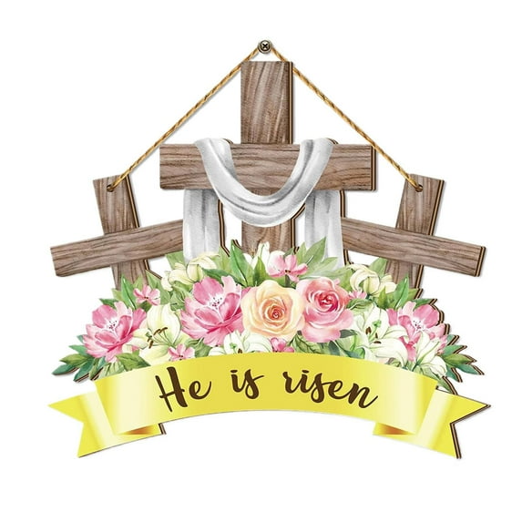 BinKFF Easter Decor He Is Risen Door Sign Easter Wreath Door Sign Hanging Floral Decorations Wooden Hanger for Farmhouse Home Front Door Porch Wall Spring Decor
