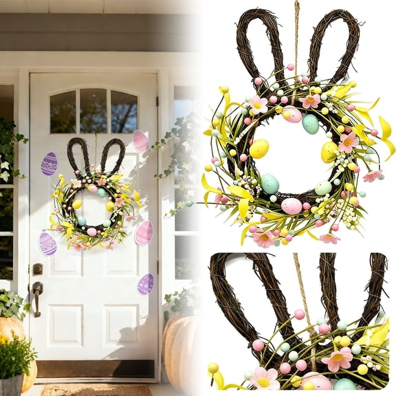 BinKFF Easter Decorations - 12.2 Inch Easter Wreaths for Front Door Bunny Wreath Cute Easter Decorations Gifts Spring Flower with Eggs Home Decor Party Holiday Wall Window