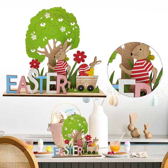 BinKFF Easter Decorations for the Home, Rustic Farmhouse Wooden Bunny Blocks Tiered Tray Decor Set, Vintage Spring Wood Bunnies Sign for Table Top Office Party Shelf Decoration