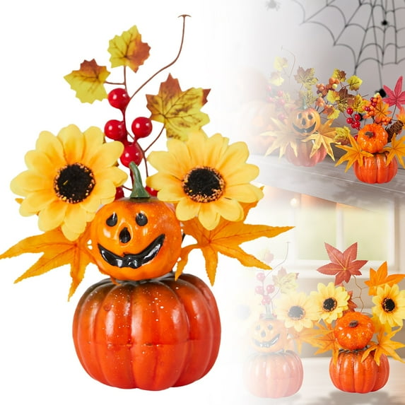 BinKFF Fall Decor Table Centerpiece Rustic Artificial Orange Maple Pumpkin Sunflower Wheat, Fall Floral Arrangement Decoration for Home Kitchen Coffee Autumn Thanksgiving