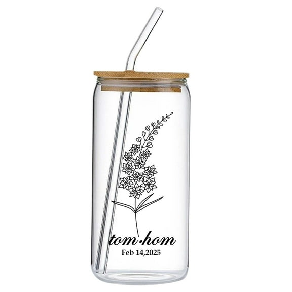 BinKFF Glass Bedside Water Carafe, Custom Birth Flower Cup with Lid and Straw, Personalized Travel Tumbler, Bridesmaid Proposal, Customized Gifts for Women, Birthday, Cute Mom Gifts